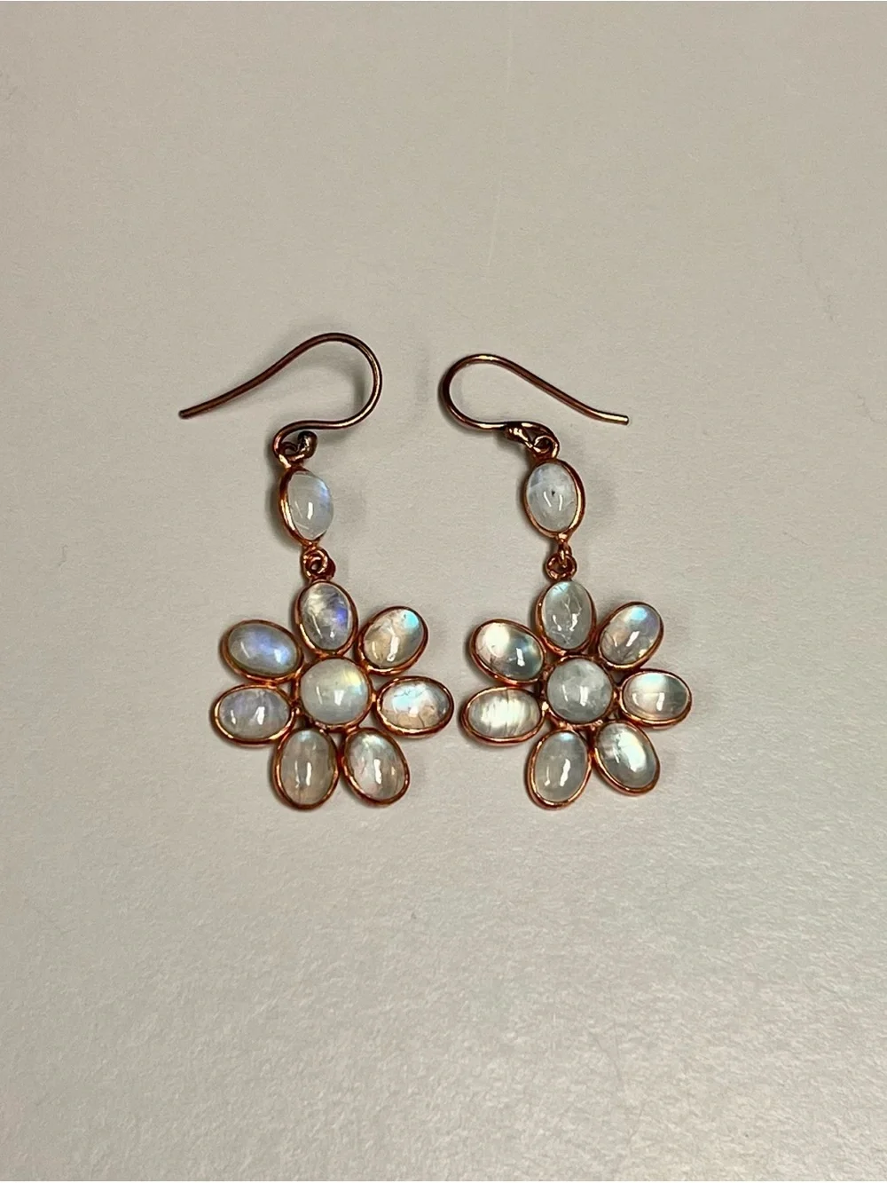 Copper Flower Drop Earrings with Moonstone Cabochons
